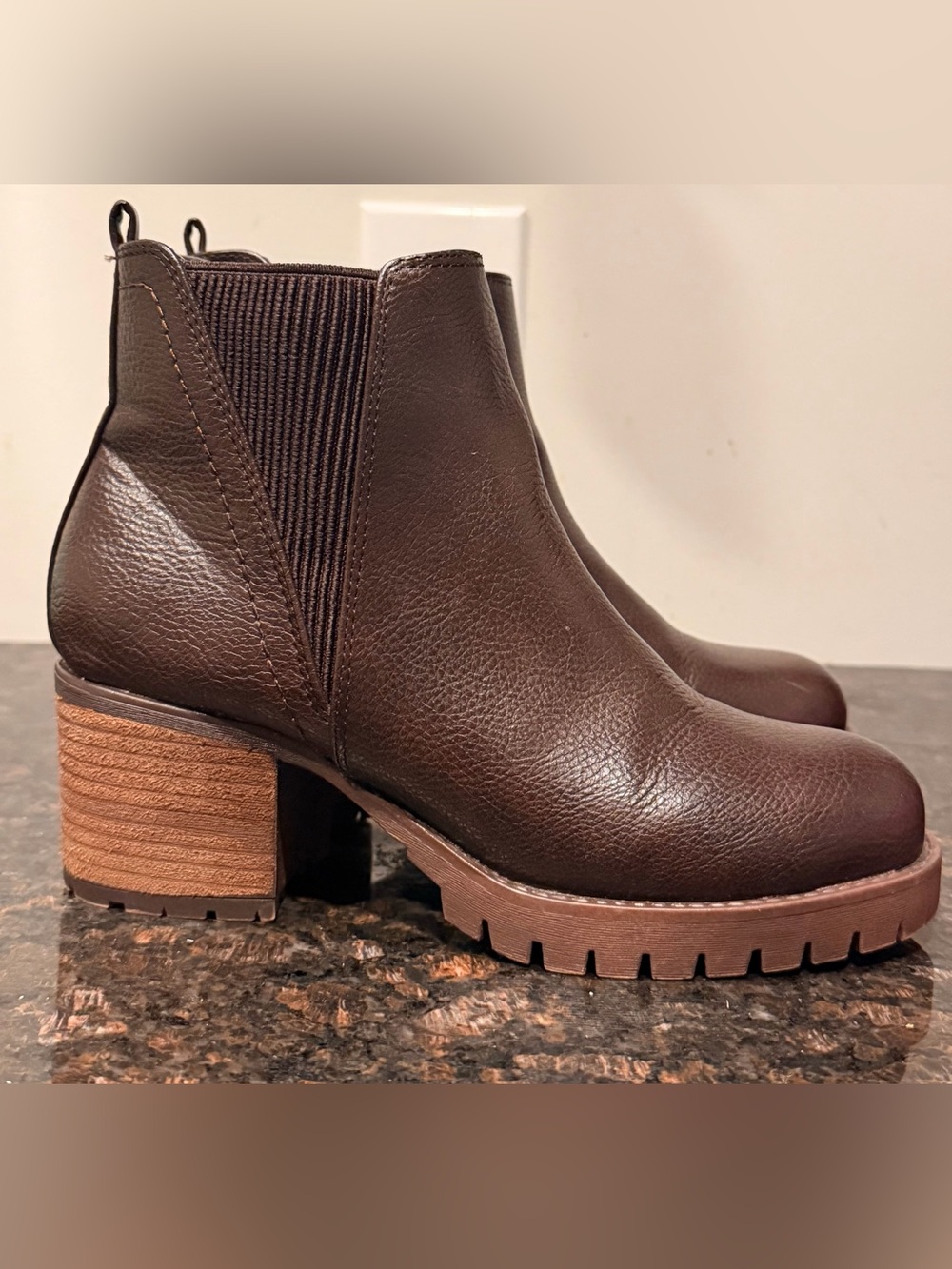 MIA Dark Brown Lug Sole Chelsea Booties: SIZE 6